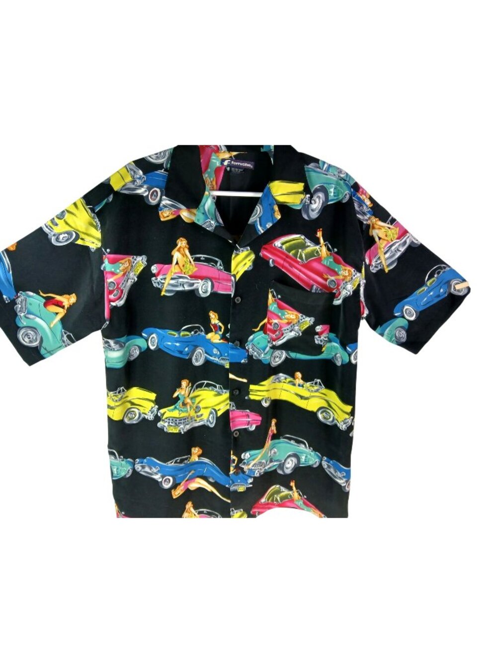 Vintage Ferruche Mens Rockabilly Shirt Retro Cars Pin Up Size L Polyester Korea